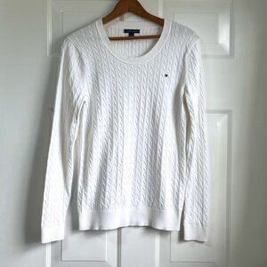 Tommy Hilfiger 100% Cotton Cable Knit Crew Neck Pull Over White Sweater Large